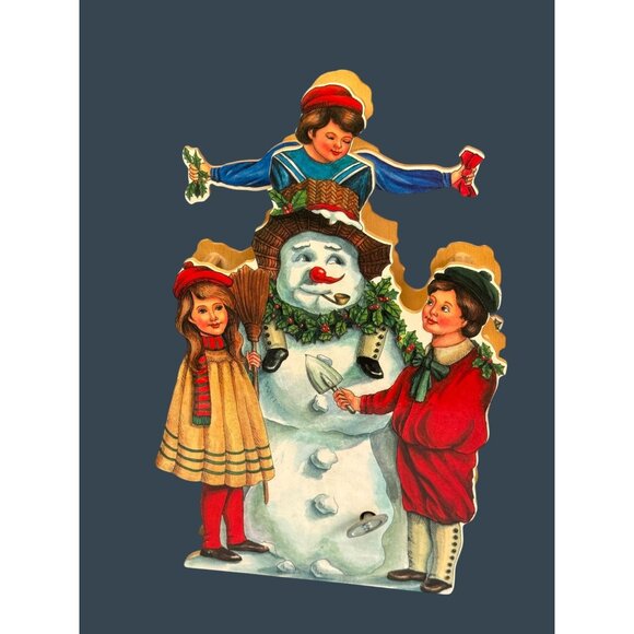 Vintage Wood Animated Musical Christmas Decoration With Snowman & Children - Picture 1 of 9